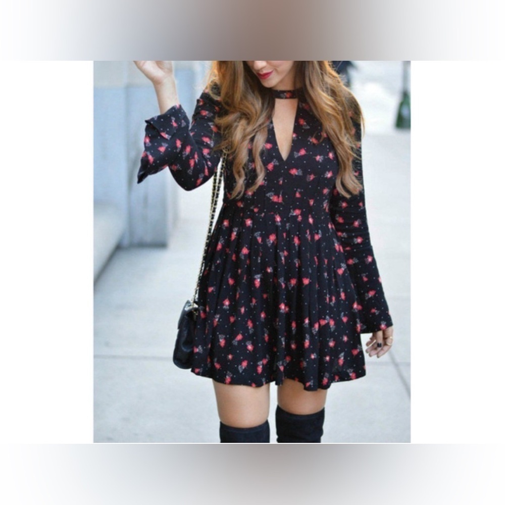 Free People Tegan Floral Mini‎ Dress Size 0 Black Long Sleeve Cottagecore